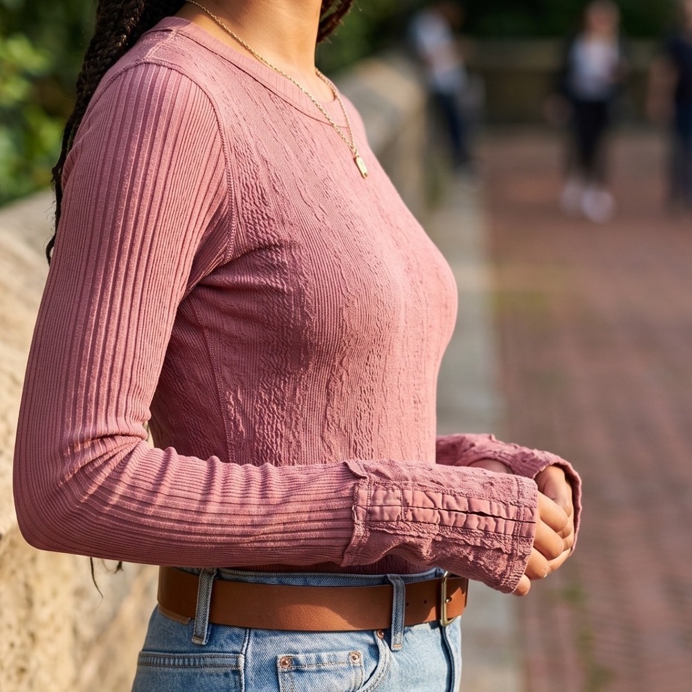 Intimately Free People Mauve Long Sleeve Pointelle Ribbed Bodysuit XS Hook Eye